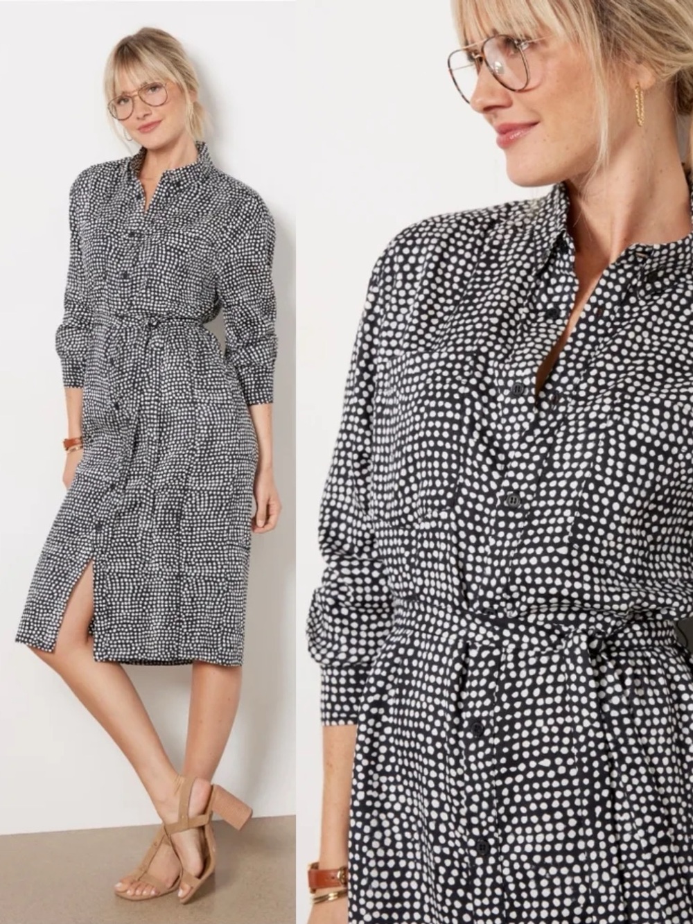 Emerson Fry • Ry Shirtdress in Painterly Dots Black polka dot midi belted